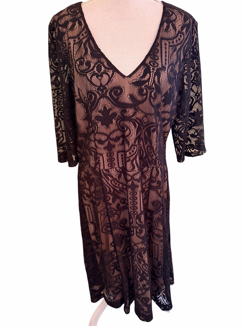 Long Tall Sally Black Crochet Lace Overlay Aline V-Neck 3/4 Sleeve Dress 14